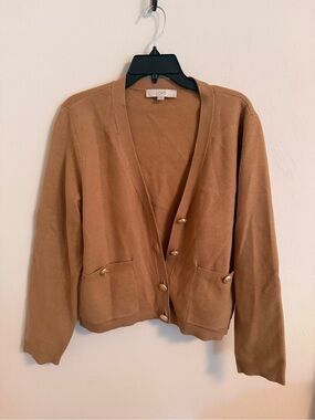 LOFT Camel Button-Up V-Neck Cardigan